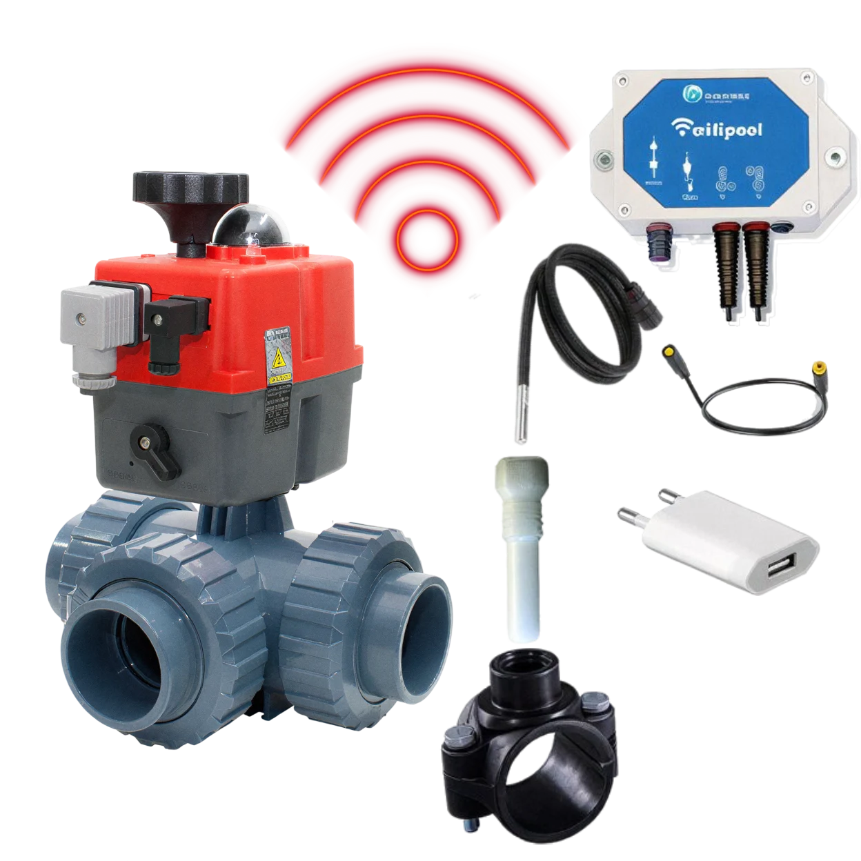 Automatisk 3-vejsventil WIFI 50 mm, L-boring, med TLF temperaturstyringsmodul og temperatursensorer (1 og 3 m) - HIDRO gør-det-selv plug & play sæt