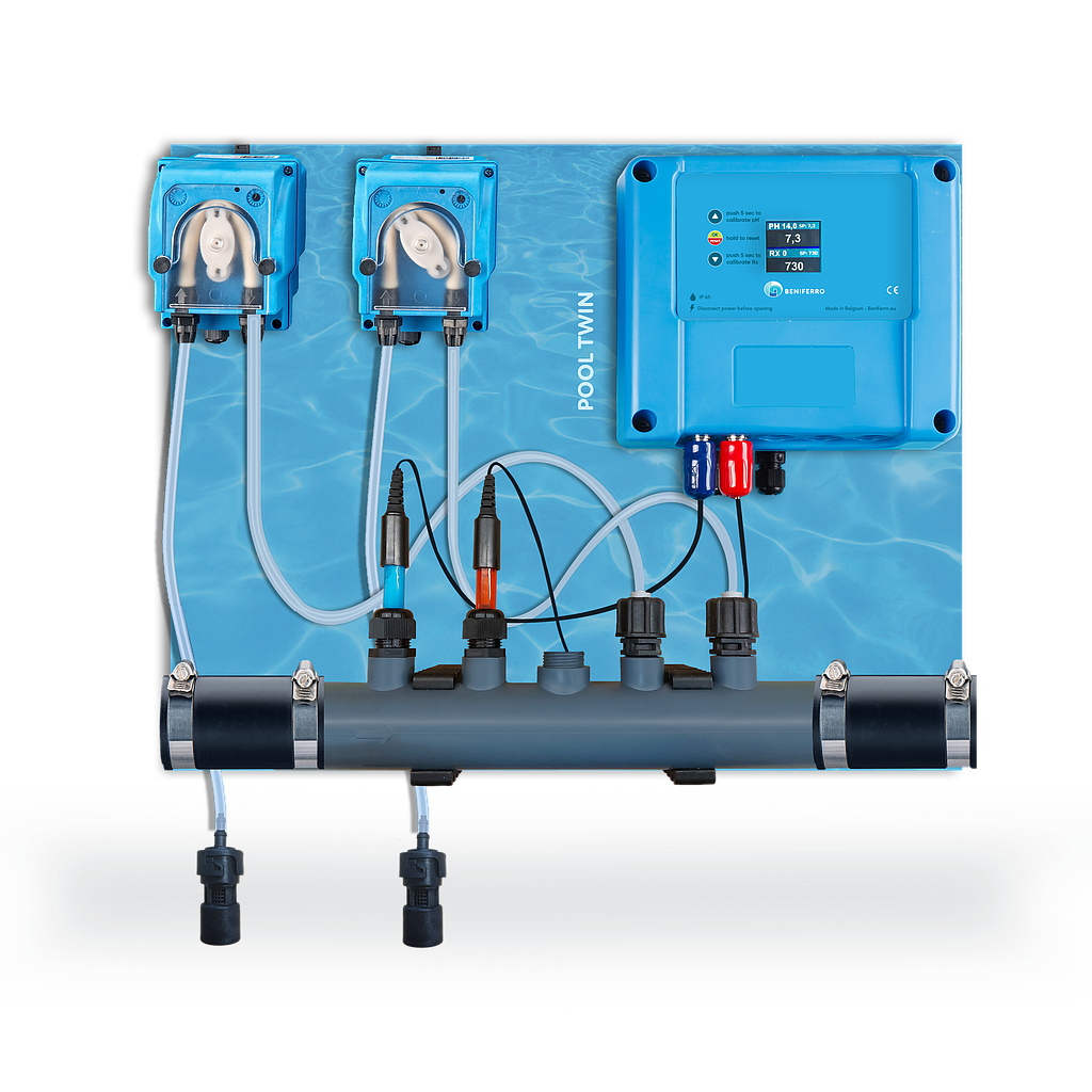 Doseapparat flydende pH- og klorregulering - formonteret på plade til svømmebassin fra 10 til 150 m ³