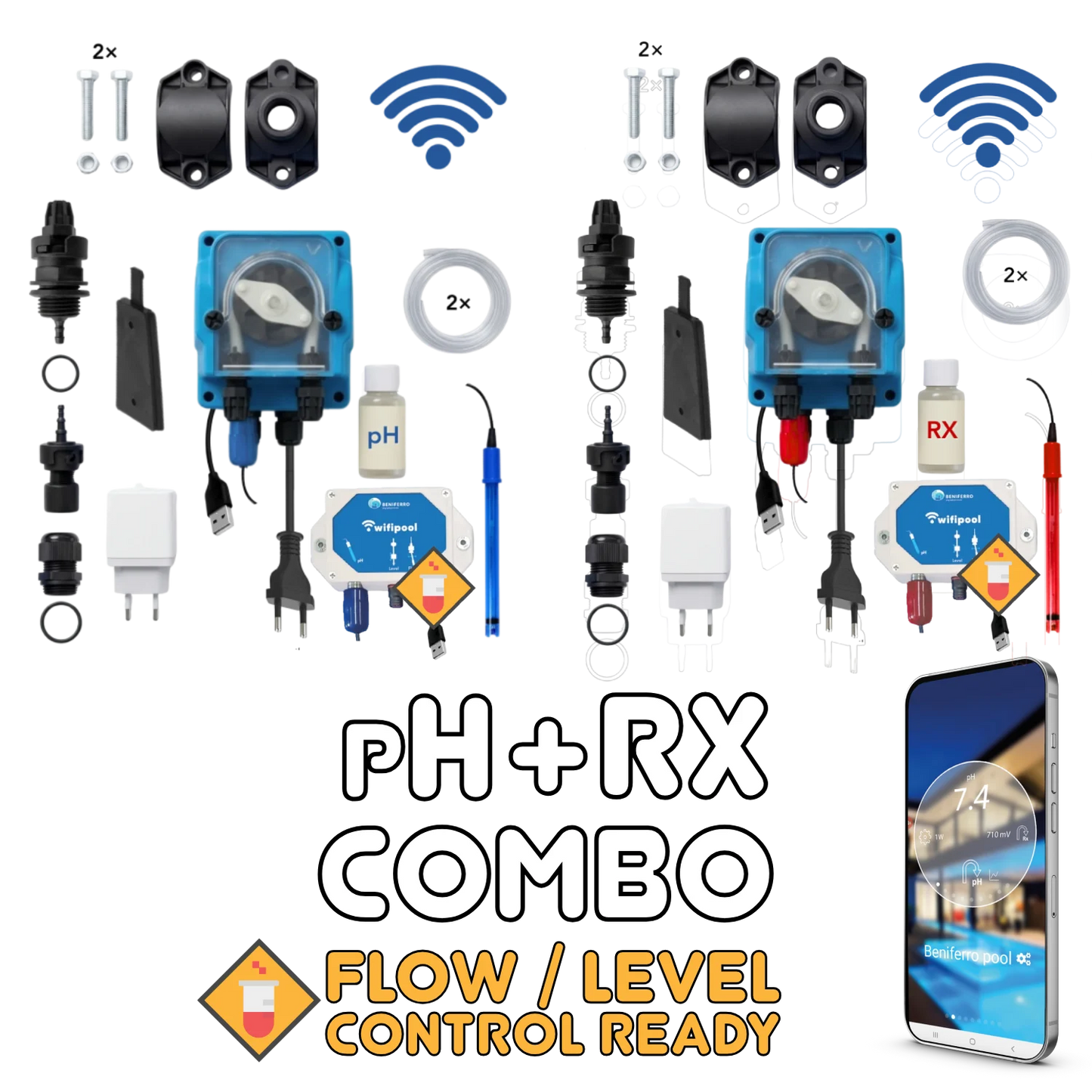 WiFiPOOL UNO pH + RX doseringspumpe - komplet installationssæt - svømmebassin op til 150 m³
