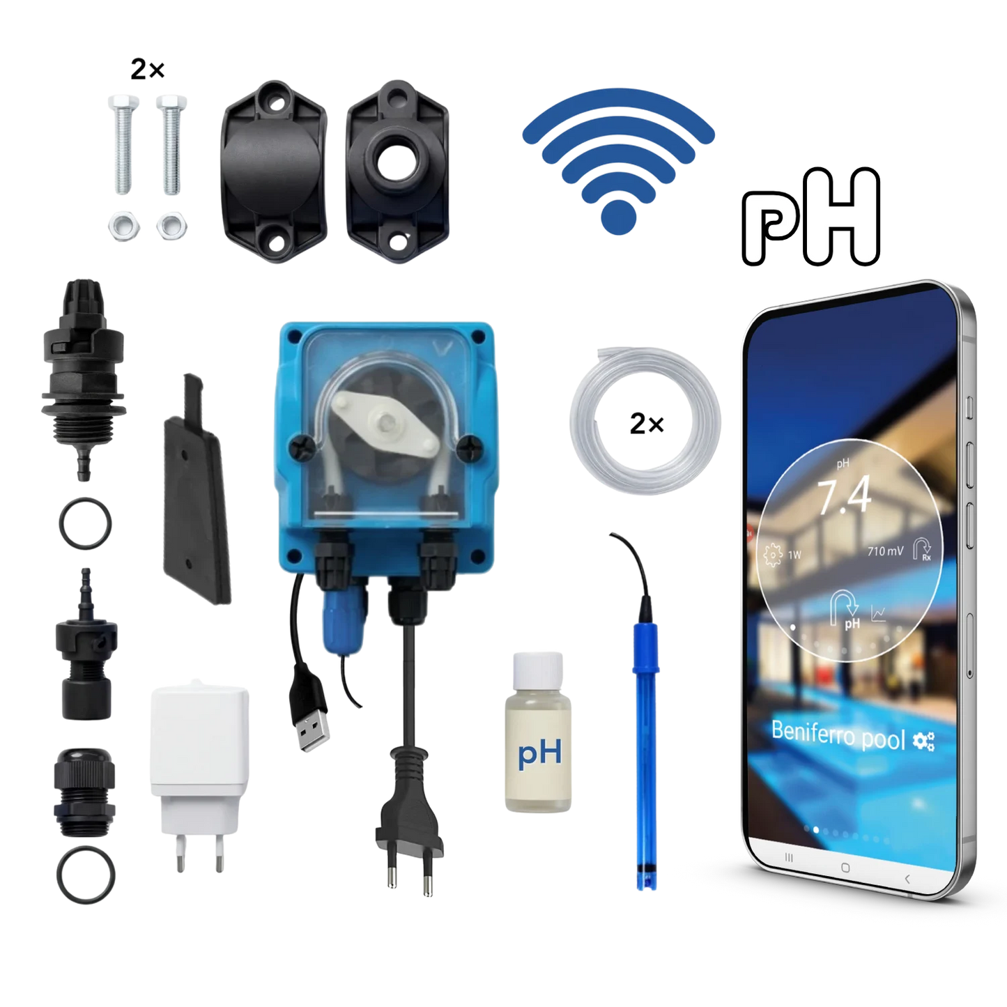 WiFiPOOL UNO pH-doseringspumpe – komplet installationssæt – svømmebassin op til 150 m³