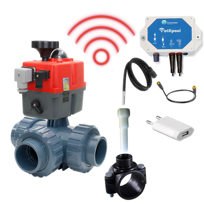 Automatisk 3-vejsventil WIFI 50 mm, L-boring, med TLF temperaturstyringsmodul og temperatursensorer (1 og 3 m) - HIDRO gør-det-selv plug & play sæt
