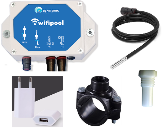 WiFiPOOL-modul TLF inkl. temp-sonde + boreholder 50 mm/1/2 tommer + temp-sondeholder + USB-transformatorstik 1 tilslutning gør-det-selv-pakke