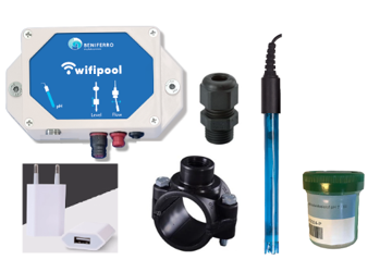 WiFiPOOL-modul pH inkl. pH-sonde + boringsadele 50 mm/1/2 tomme + sondewartel+kalibreringsvæske + USB-transformatorstik 1x gør-det-selv-pakke