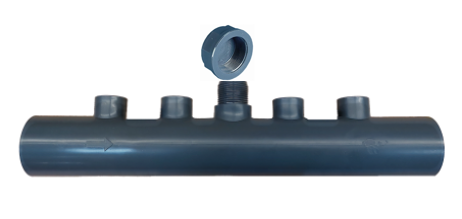 Måle- og indsprøjtning fordelingsrør 50 mm med 4 huller 1 1/2 tommer med tilslutning 3/4' flowswitch + prop 3/4 tommer