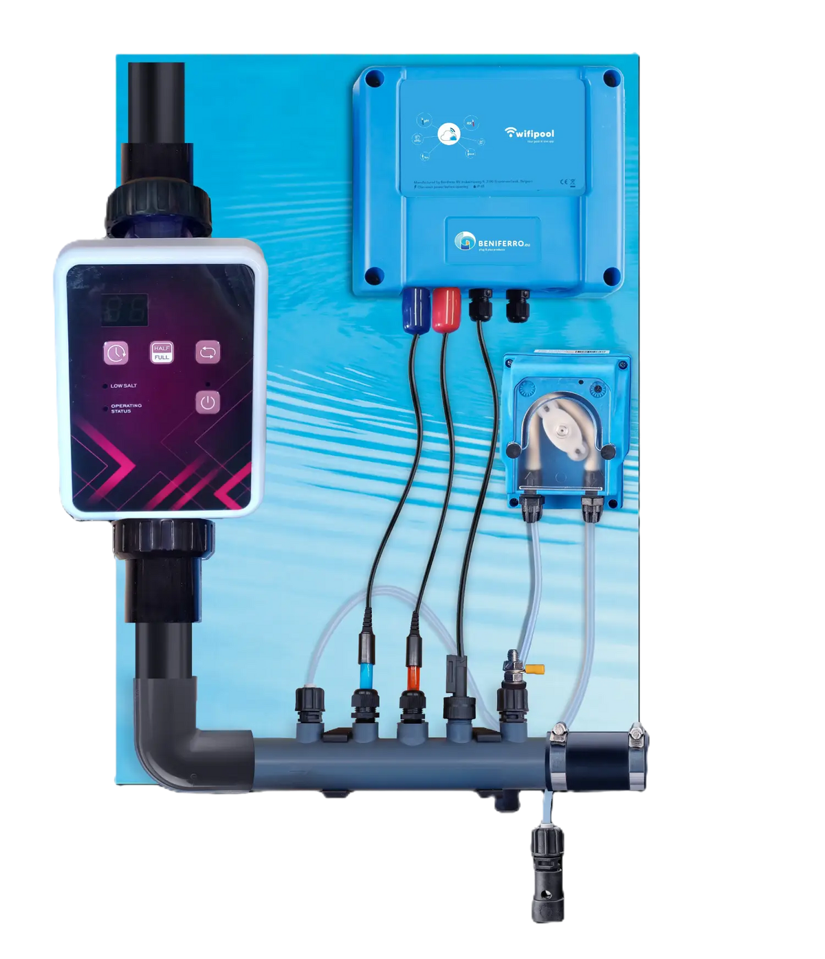 Præmonteret SR-saltelektrolyse med pH-, RX-kontrol  - bassiner op til 150m³ - Wi-Fi | Display - Flowkontrol/niveaukontrol valgfri