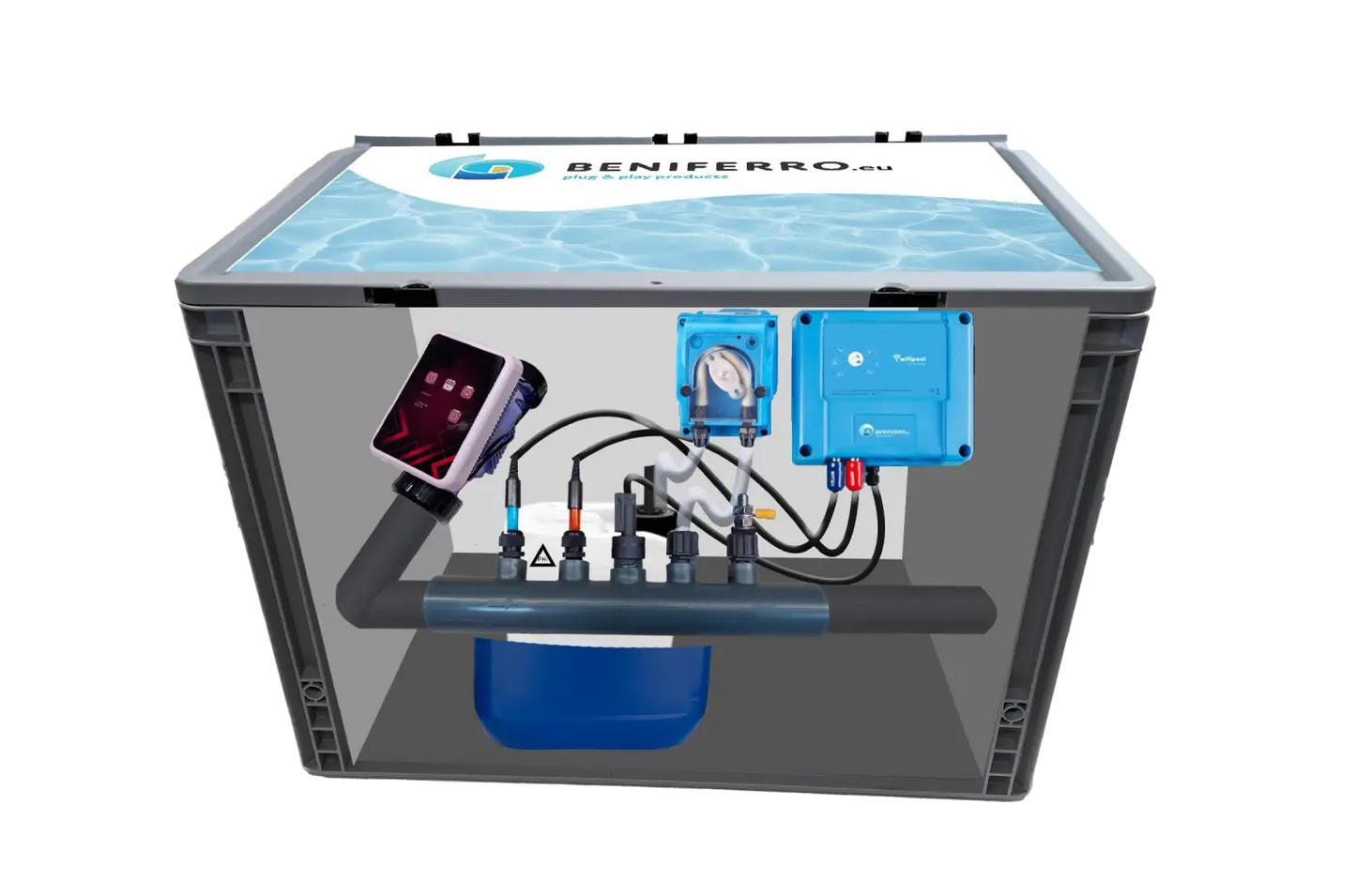 Zoutelektrolyse SR voorgemonteerd in box met PH-, RX- en debiet regeling - zwenbad tot 150m³ - WiFi | Display - Niveau regeling in optie