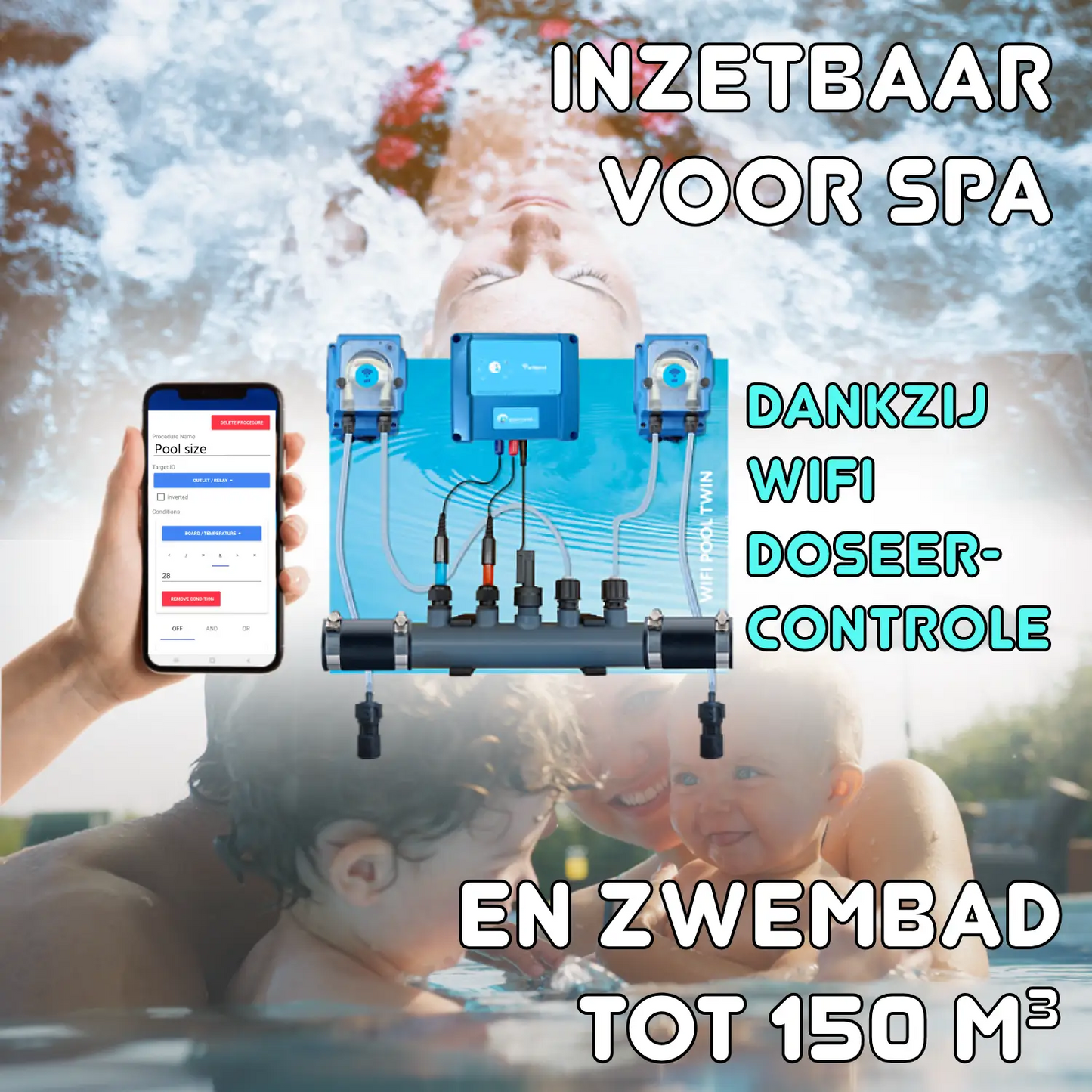 Doseapparat flydende pH- og klorregulering - formonteret på plade til svømmebassin fra 10 til 150 m ³